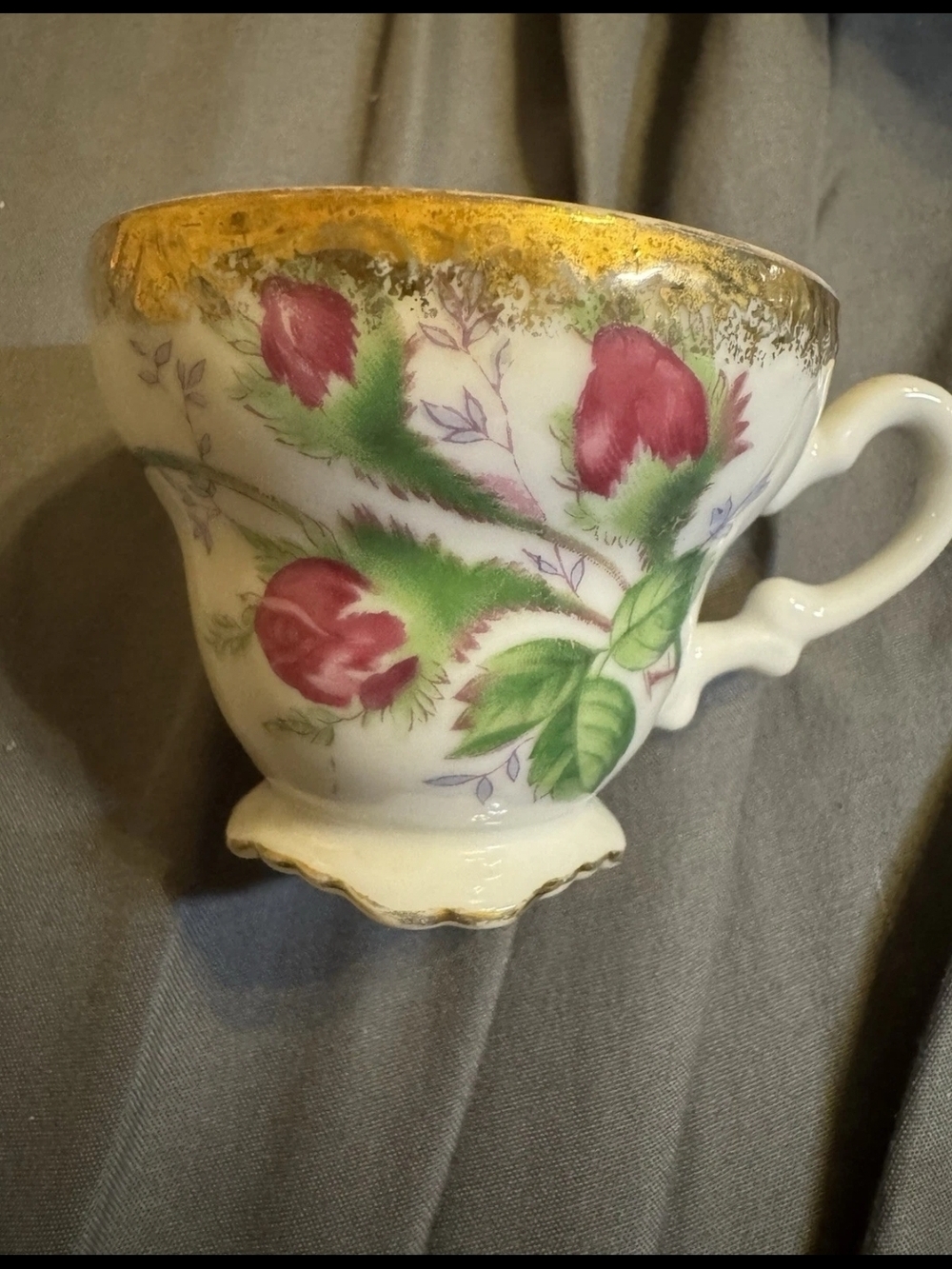 Vintage Floral Porcelain Teacup with Gold Trim